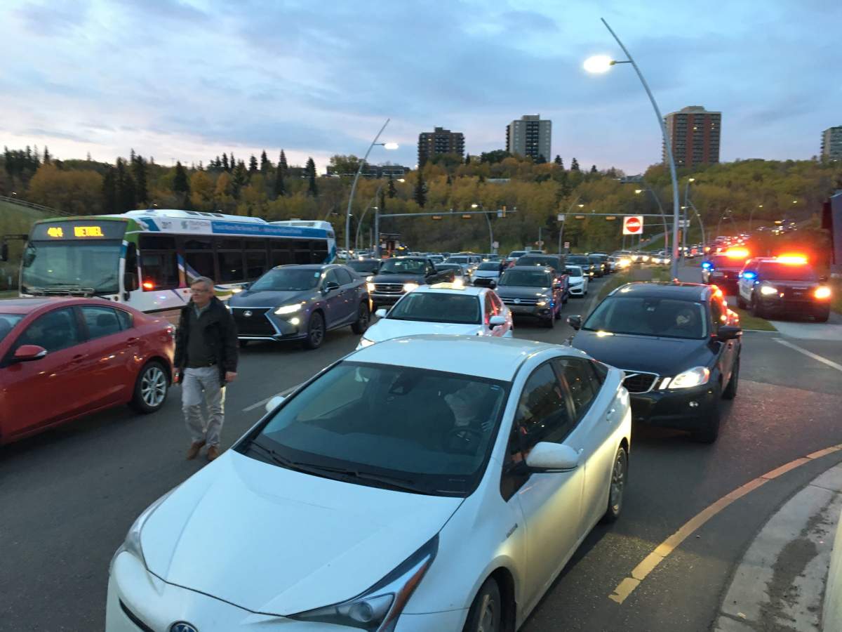 Traffic at a standstill after Extinction Rebellion activists blocked the Walterdale Bridge into downtown Edmonton Monday morning as part of international protests demanding new climate policies. Monday, October 7, 2019.
