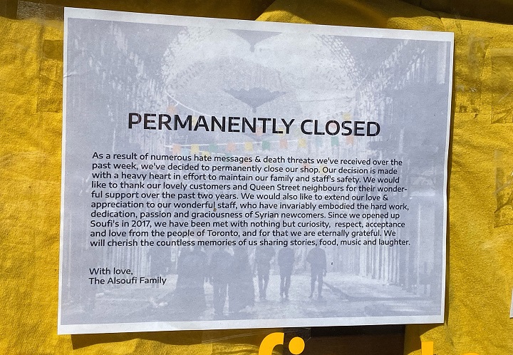 Sign on the door of the now closed Soufi’s restaurant in Toronto.