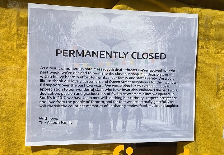 Sign on the door of the now closed Soufi’s restaurant in Toronto.