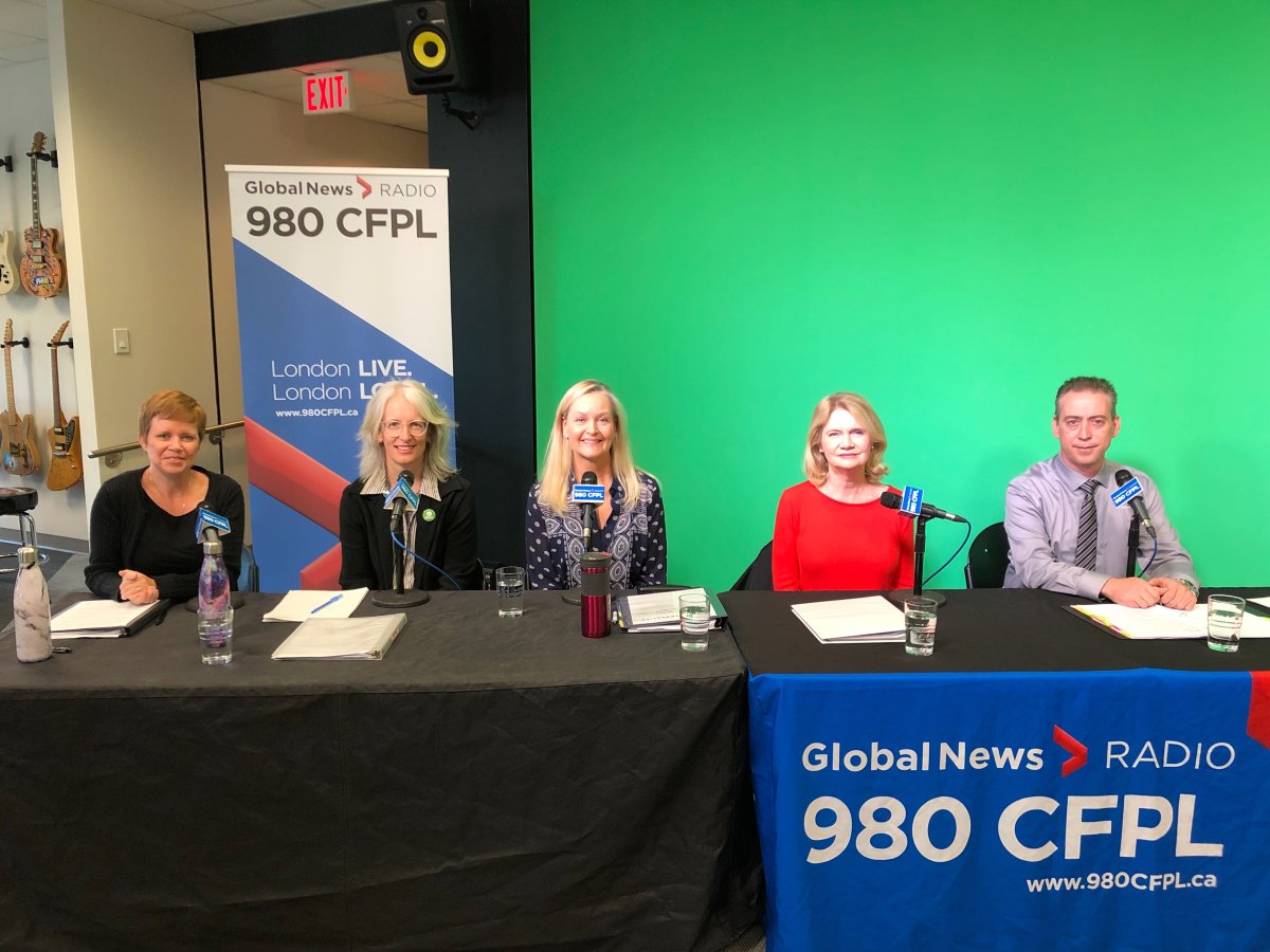 From left to right: NDP candidate Shawna Lewkowitz, Green candidate Mary Ann Hodge, Conservative candidate Liz Snelgrove, Liberal incumbent Kate Young, and PPC candidate Michael McMullen.