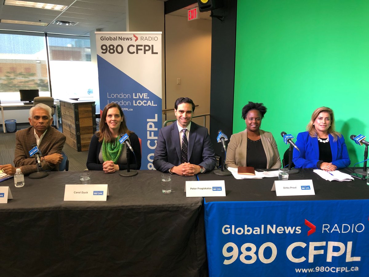 Left to right: Salim Mansur (PPC), Carol Dyck (Green Party), Peter Fragiskatos (Liberal Party), Dirka Prout (NDP), and Sarah Bokhari (Conservative Party). 