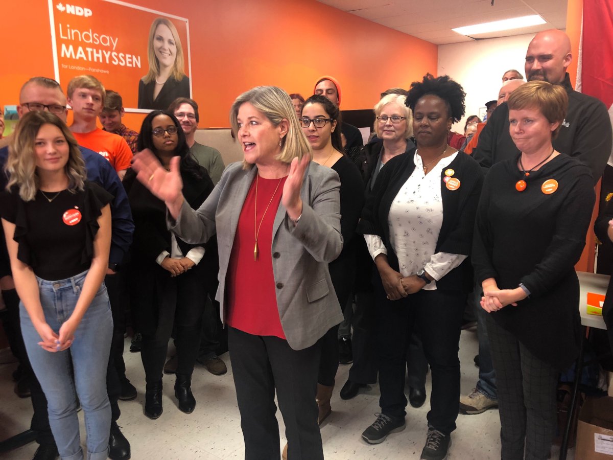 Ontario NDP Leader Andrea Horwath, middle, stopped by federal NDP candidate Lindsay Mathyssen's London-Fanshawe campaign office on Oct. 16, 2019. 