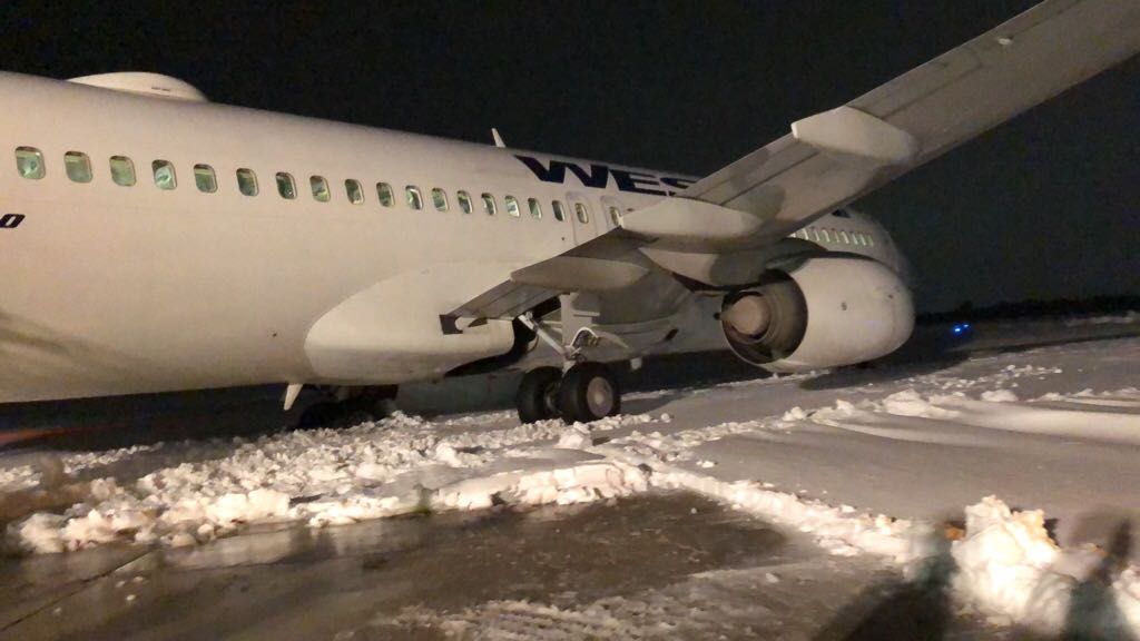 The plane on the side of the runway.