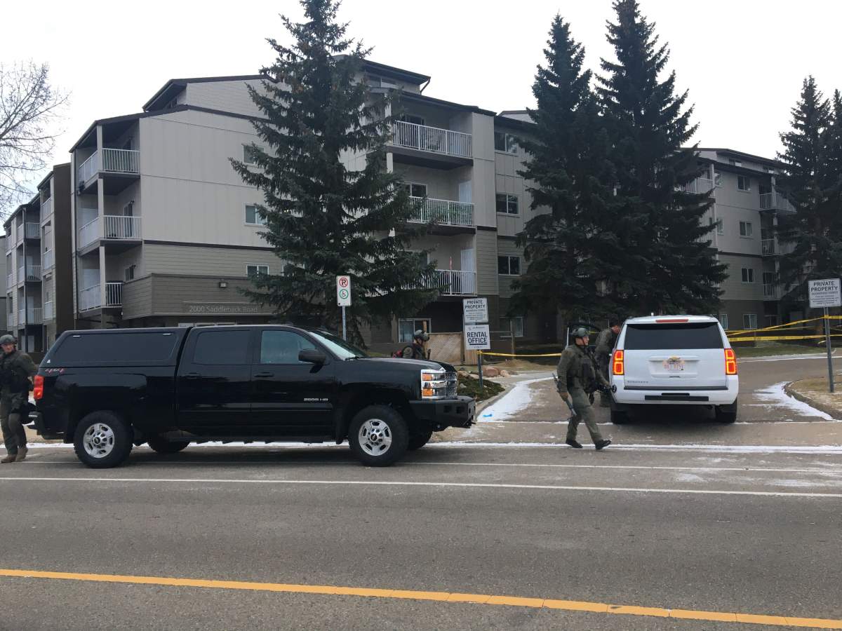 Edmonton police responded to a shooting at an apartment building on Saddleback Road in southwest Edmonton on Monday, Oct. 28, 2019.