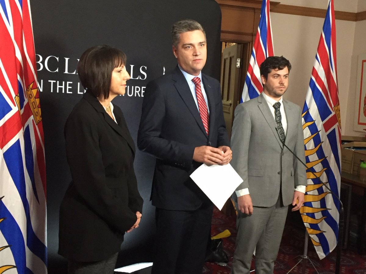 BC Liberals MLAs Joan Isaacs and Todd Stone alongside Aaron Aerts from the Canadian Federation of Independent Businesses speak to reporters in Victoria. 