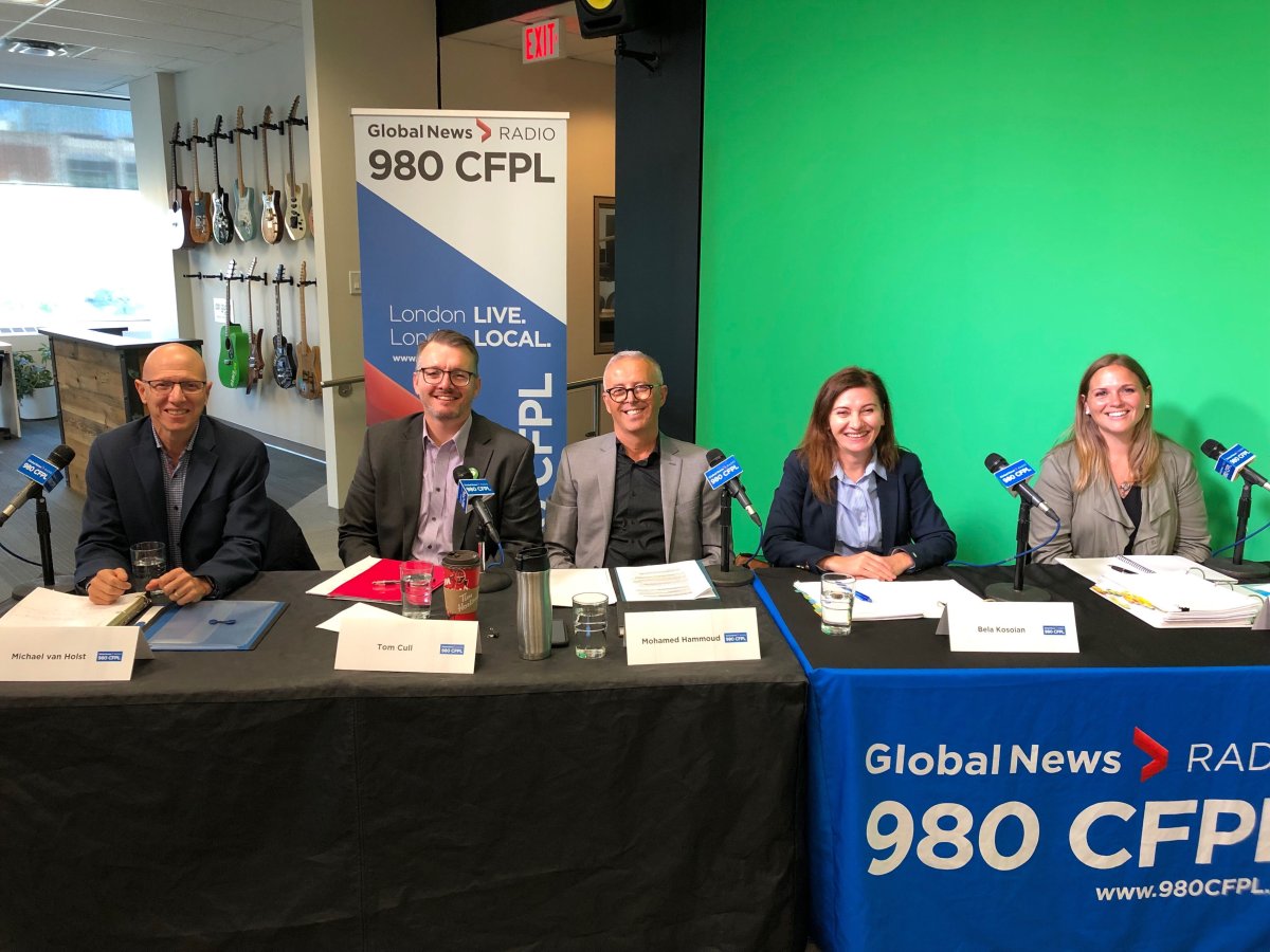 From left to right: Michael van Holst (Conservative), Tom Cull (Green), Mohamed Hammoud (Liberal), Bela Kosoian (PPC) and Lindsay Mathyssen (NDP). 