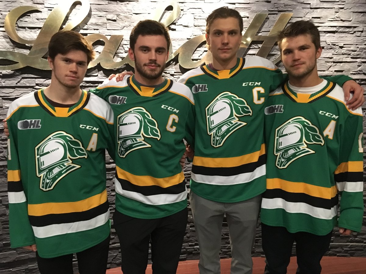 London, Ont. - The London Knights have introduced their leadership group for 2019-20. From left to right, Connor McMichael, Liam Foudy, Alec Regula and Cole Tymkin.