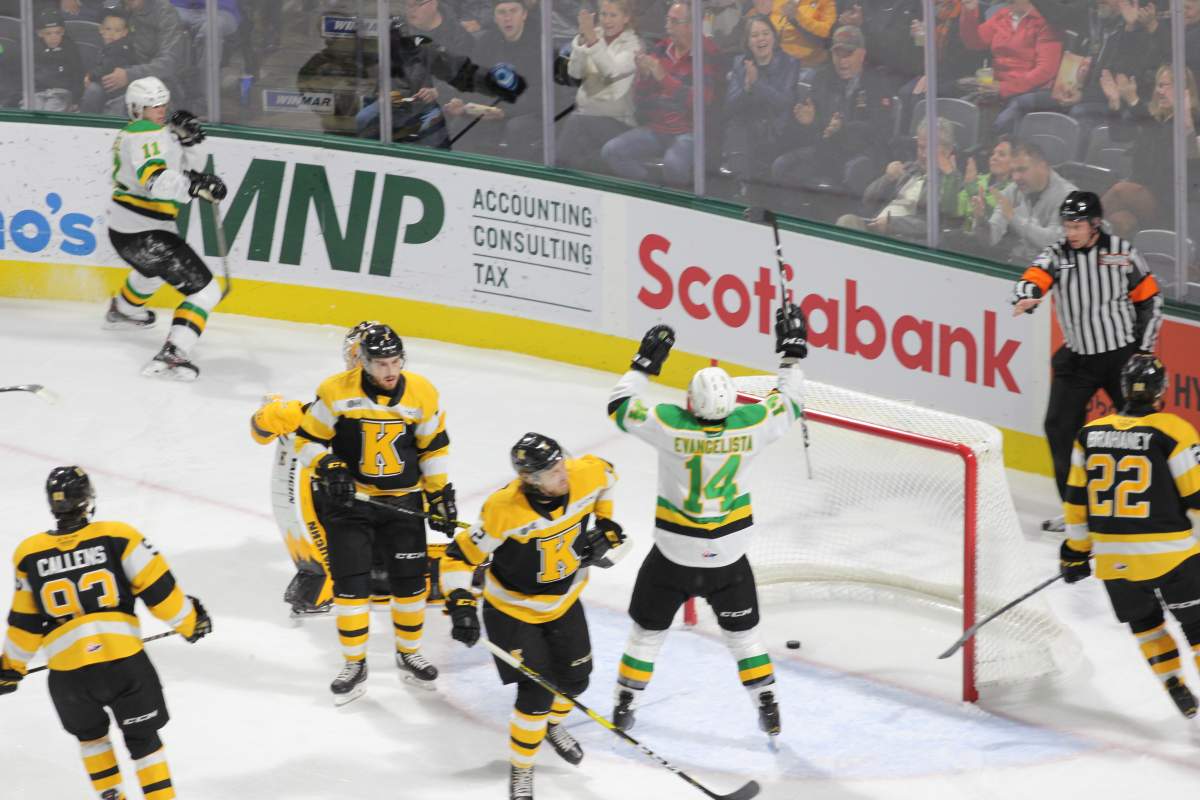 London Knights forward Luke Evangelista celebrates his first career OHL goal in a game against the Kingston Frontenacs at Budweiser Gardens in London on Oct. 19, 2019.
