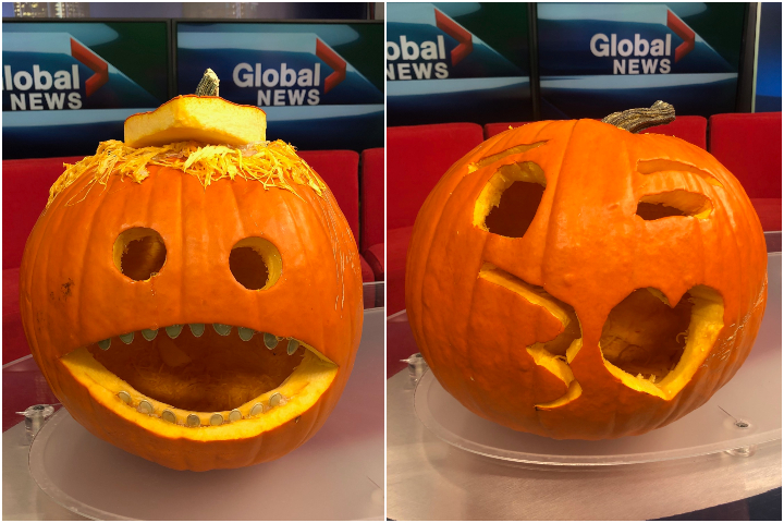 Jordan Witzel’s big-mouth pumpkin (left) and Matthew Conrod’s kissing emoji pumpkin (right).