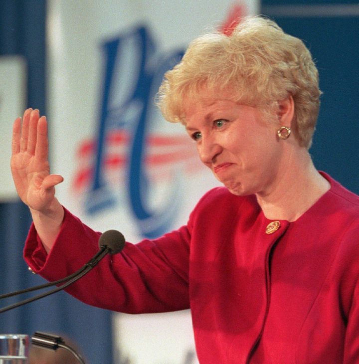 Prime Minister Kim Campbell waves to supporters Oct. 25, 1993, as she faced them to accept the defeat of her Progressive Conservative party in the Canadian federal election.