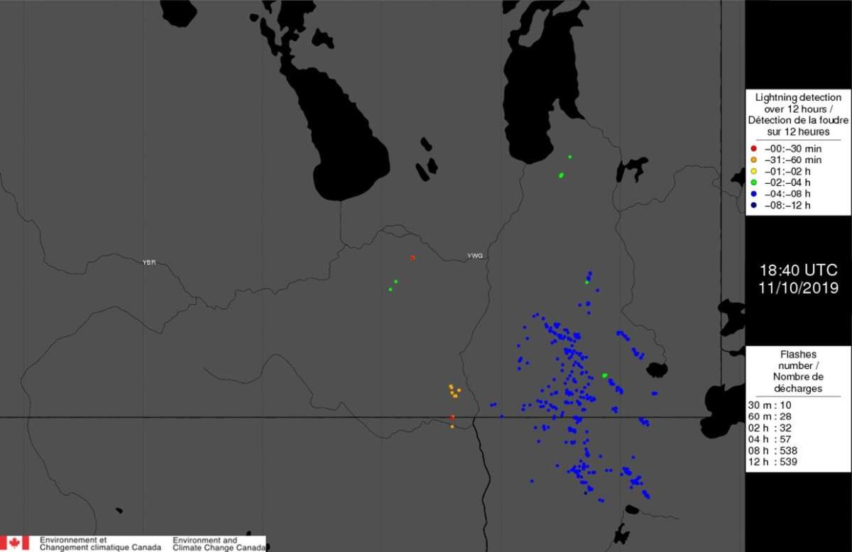 Map shows lightning strikes over southern Manitoba Thursday.