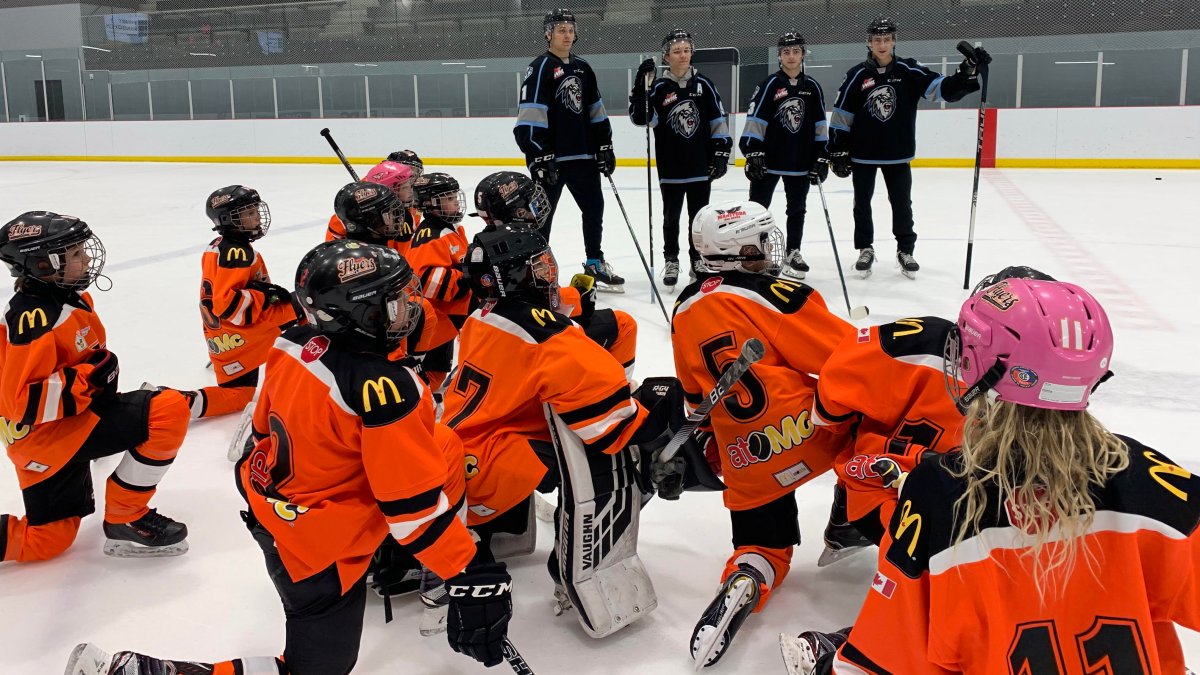 Winnipeg ICE players Jesse Makaj, Connor McClennon, Matt Savoie, and Carson Lambos share their knowledge with a group of young players at the Rink Training Centre. Photo Credit/Winnipeg Ice .