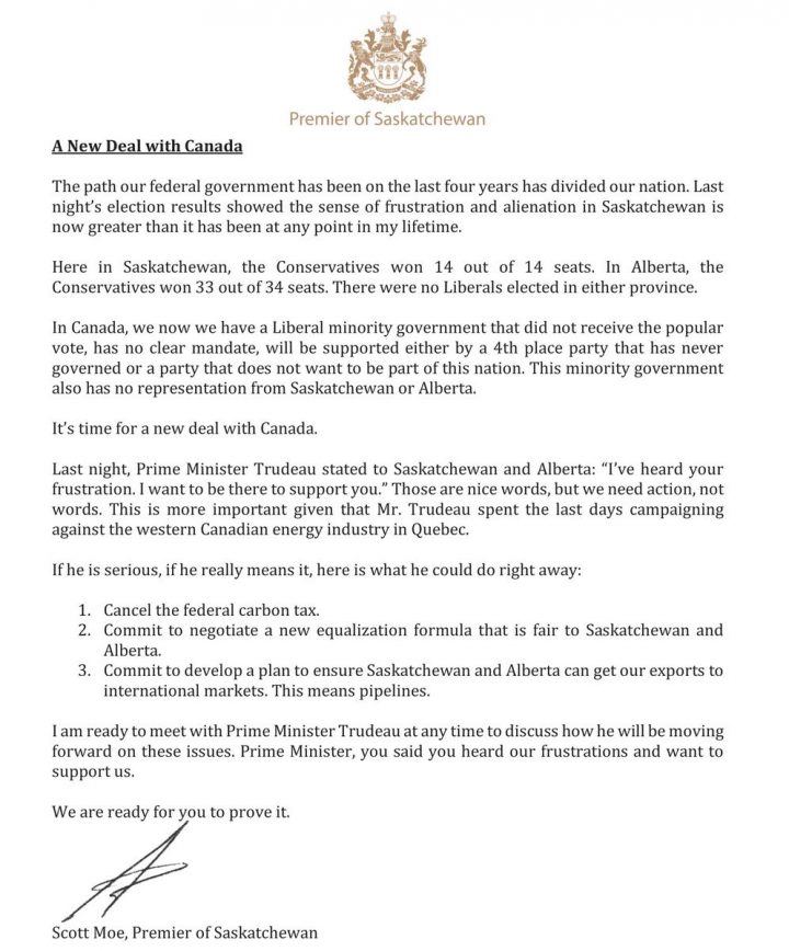 Saskatchewan Premier Scott Moe looking for immediate action from Justin Trudeau - image