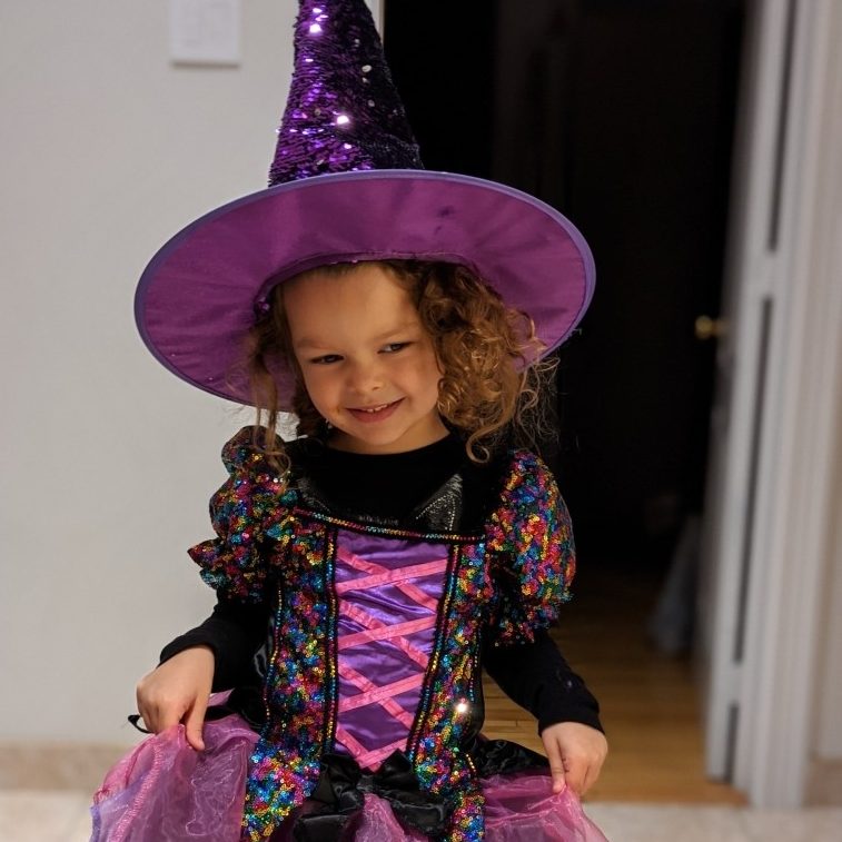 Morgane is ready to cast a spell on any trick-or-treaters who try to take her candy.