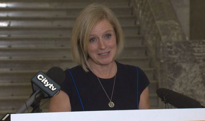 NDP Leader Rachel Notley reacts to Alberta Premier Jason Kenney’s pre-budget address on Wednesday, Oct. 23, 2019.