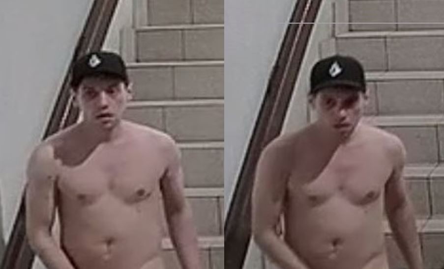 Kingston police are looking for this man, who was caught on security cameras trying to enter two businesses completely in the buff on Monday morning.