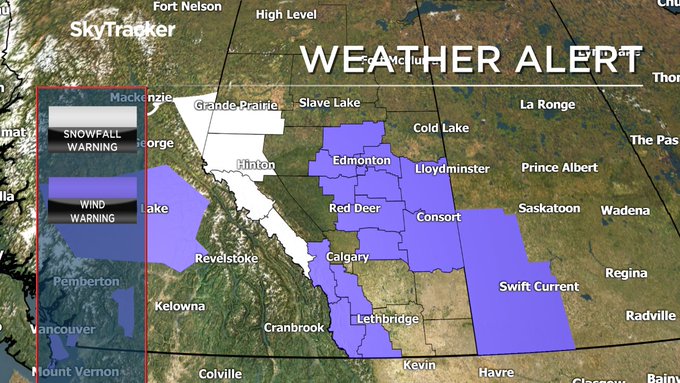 Parts of Alberta were under a snowfall and a wind warning Friday afternoon. 