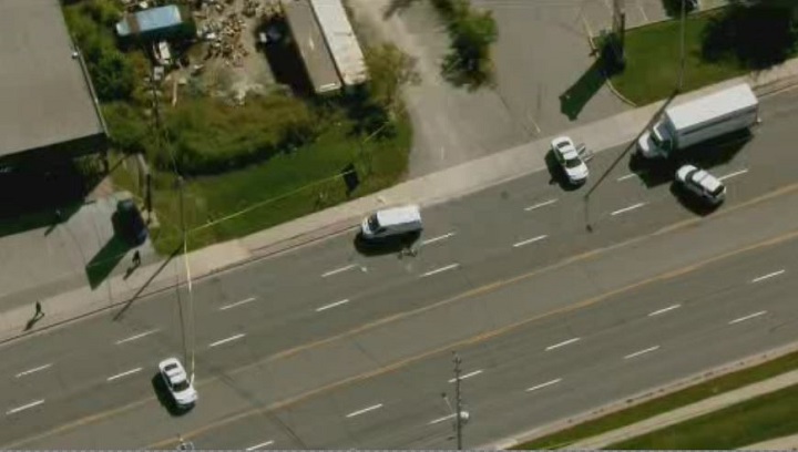 An aerial photo from the scene near Cawthra Road and Dundas Street East in Mississauga.