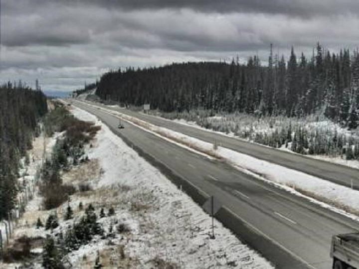 Road conditions along the Pennask Summit along the Okanagan Connector on Friday afternoon. Environment Canada is calling for rain throughout the weekend, along with an expected overnight snow level of 1,100 to 1,400 metres. The summit has an elevation of 1,717 metres.