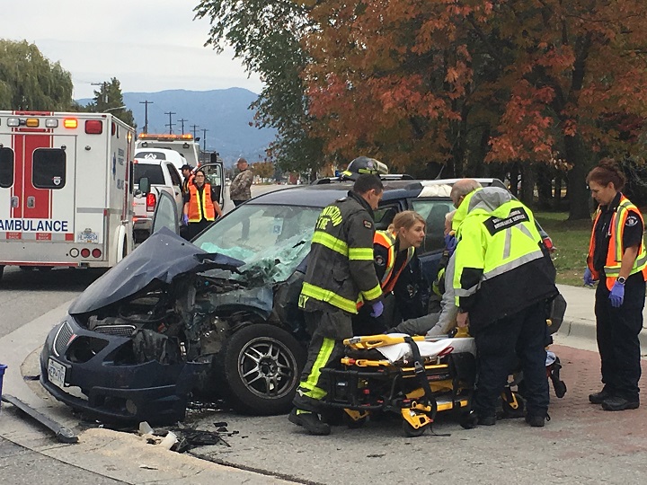 Penticton firefighters used the jaws of life to extricate one person from a car following a two-vehicle incident along the Channel Parkway on Tuesday morning.