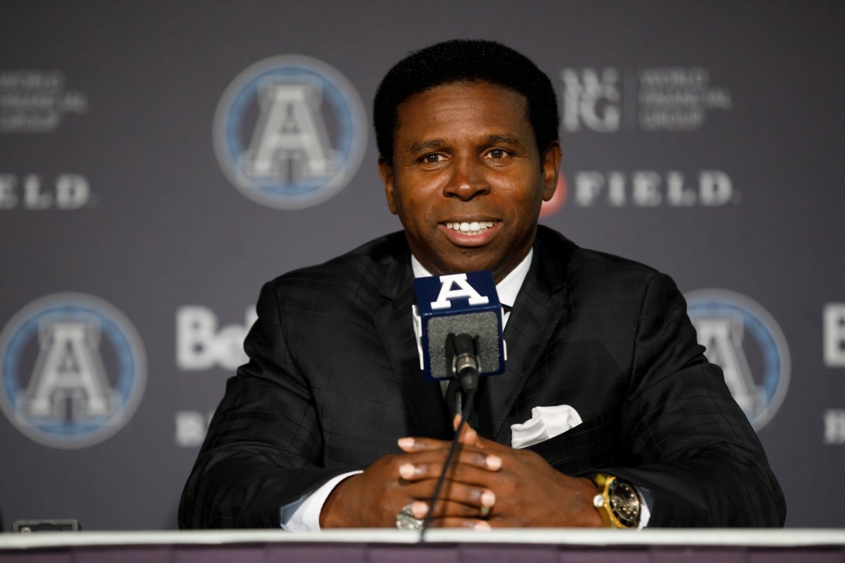 Mike "Pinball" Clemons speaks as he is announced as the new general manager of the Toronto Argonauts during a press conference at BMO Field in Toronto, Tuesday, Oct. 8, 2019.