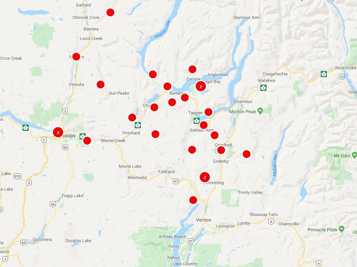 A map showing power outages in the North Okanagan, Shuswap and Thompson regions on Friday morning. B.C. Hydro says the outages are being caused by a windstorm.