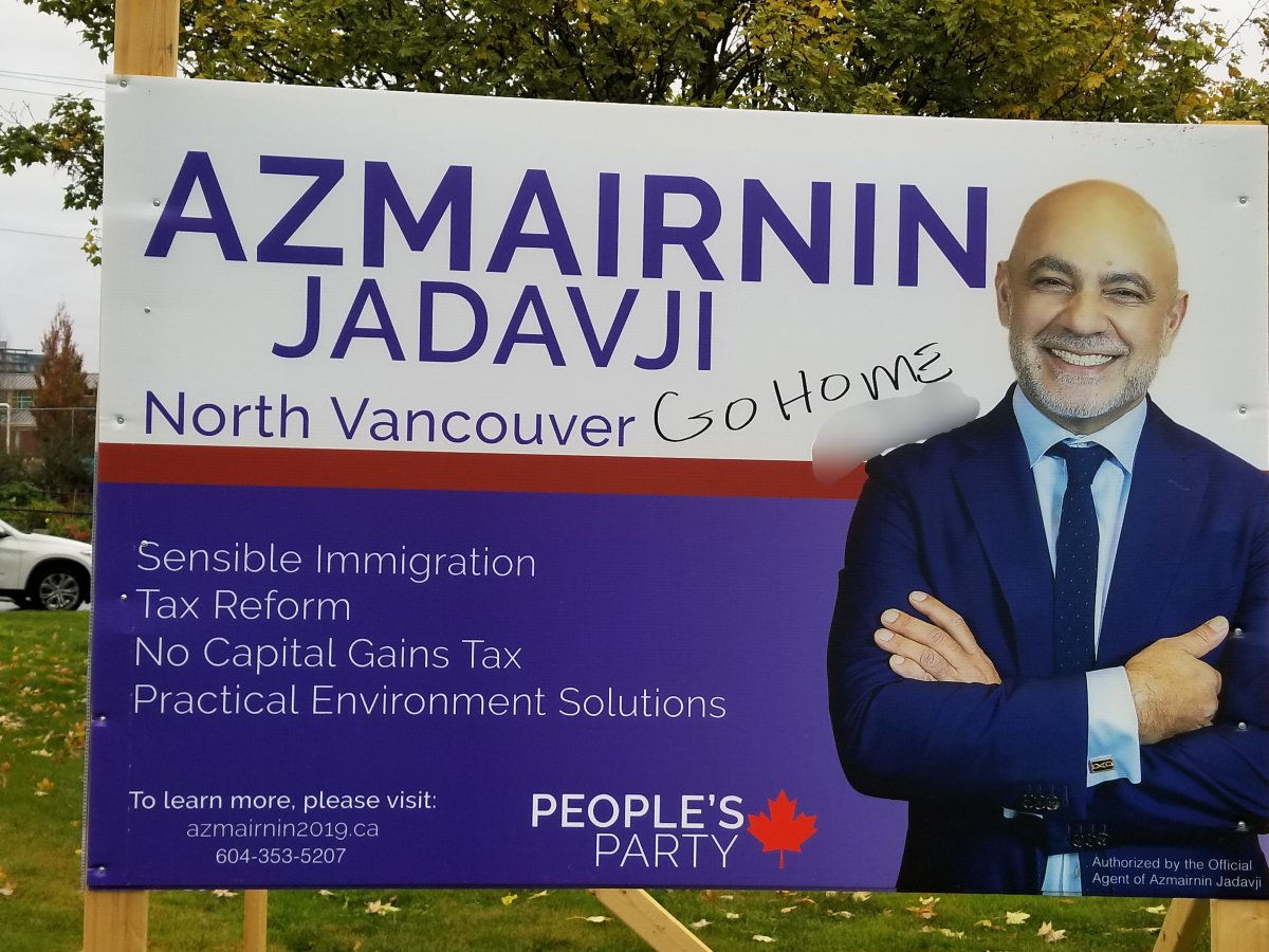 RCMP are investigating after a PPC candidate's election signs were defaced with racist graffiti. 