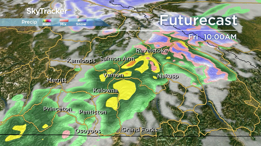 Rain rolls back into the Okanagan early Friday along a cold front pushing through.