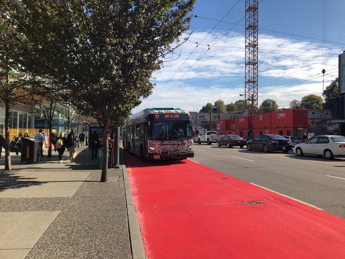 The City of Vancouver is piloting red painted bus zones. It says the initiative is meant to keep drivers out of bus lanes and keep transit traffic flowing. 