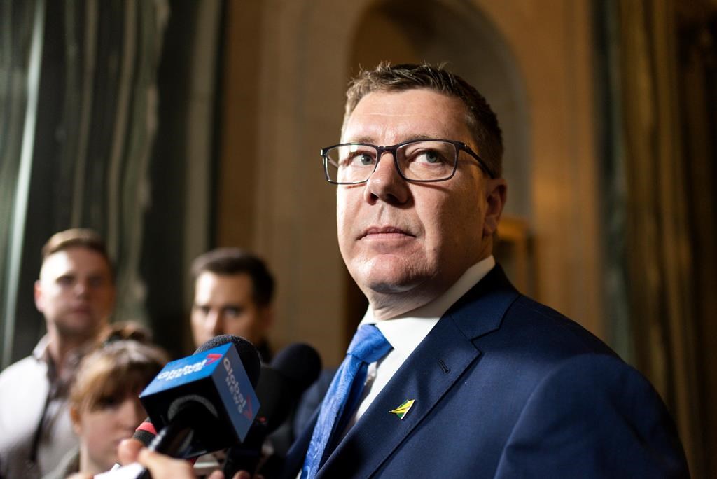 Saskatchewan Premier Scott Moe speaks to media following the 2019 federal election at the Legislative Building in Regina, Tuesday, Oct. 22, 2019.