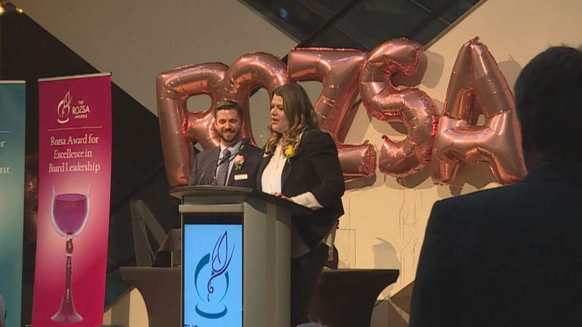 Sara Leishman speaks after winning the Excellence in Arts Management award Monday night.  