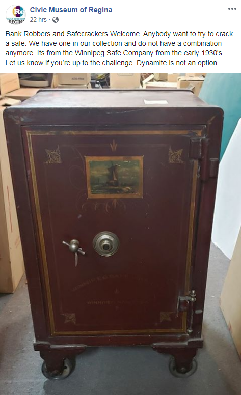 Facebook post about mystery safe from Civic Museum of Regina.