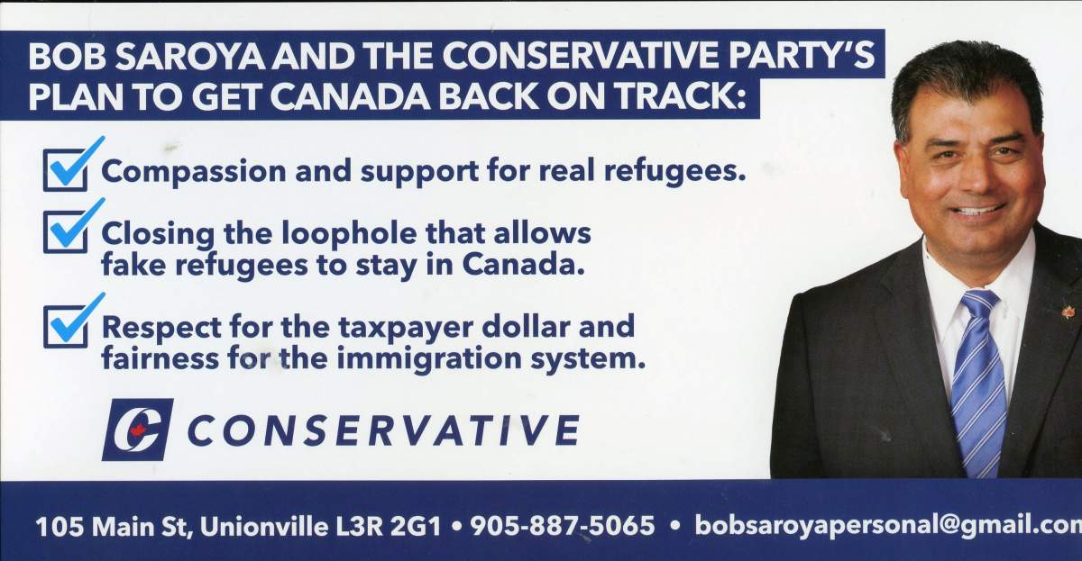 Campaign flyer sent by Conservative candidate Bob Saroya to voters.