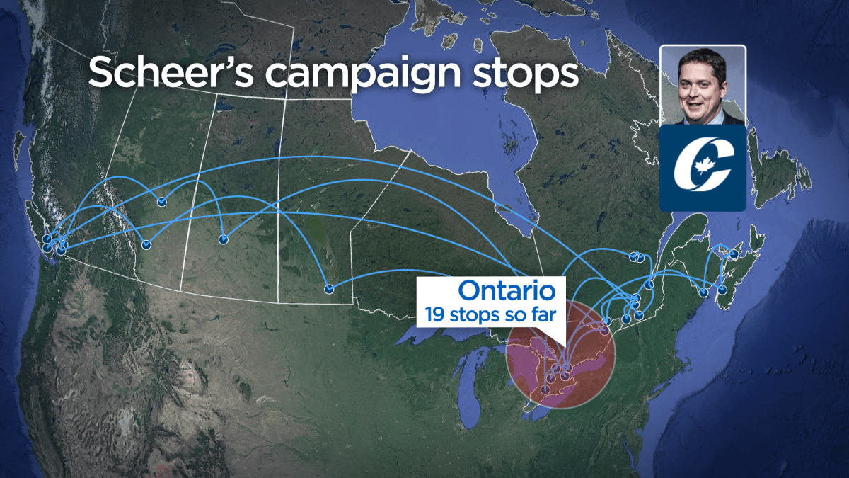 Conservative Leader Andrew Scheer’s campaign stops as of Oct. 2, 2019.