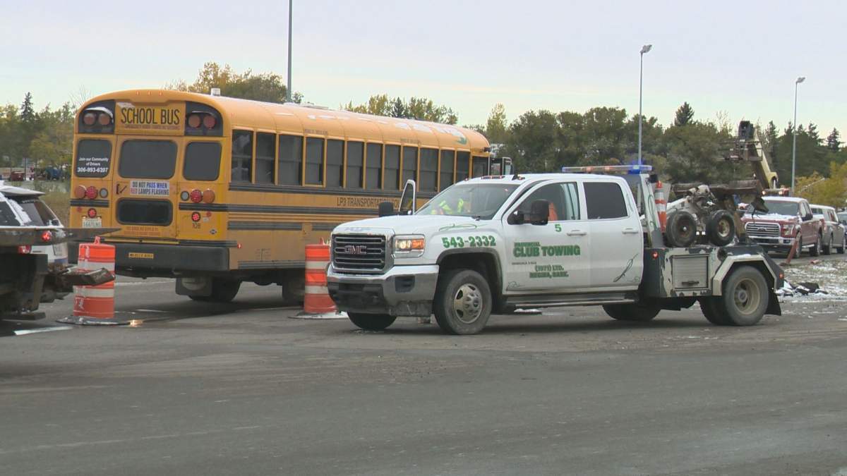 School bus crash slows down traffic on Ring Road - Regina | Globalnews.ca