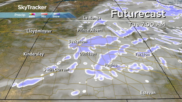 Snow continues to fall in the Saskatoon and Regina area Tuesday morning.
