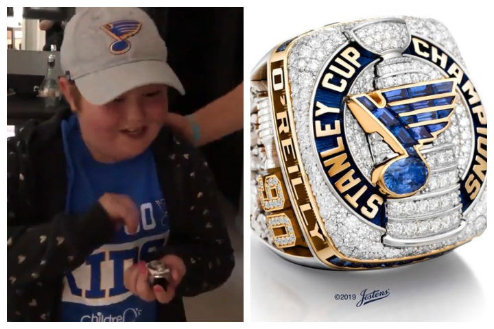 St. Louis Blues players surprise young fan with championship ring