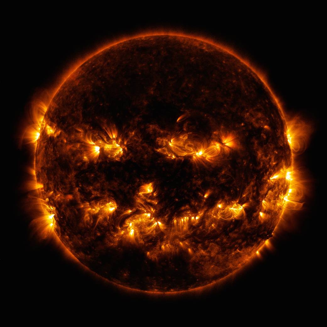 Active regions on the sun combined to look something like a jack-o-lantern’s face on Oct. 8, 2014.