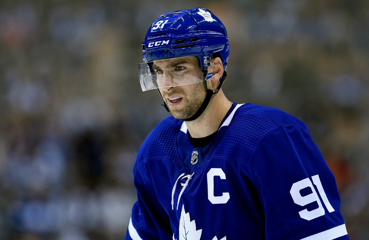 Toronto Maple Leafs centre John Tavares (91) looks on during second period NHL hockey action against the Ottawa Senators, in Toronto on Wednesday, October 2, 2019.