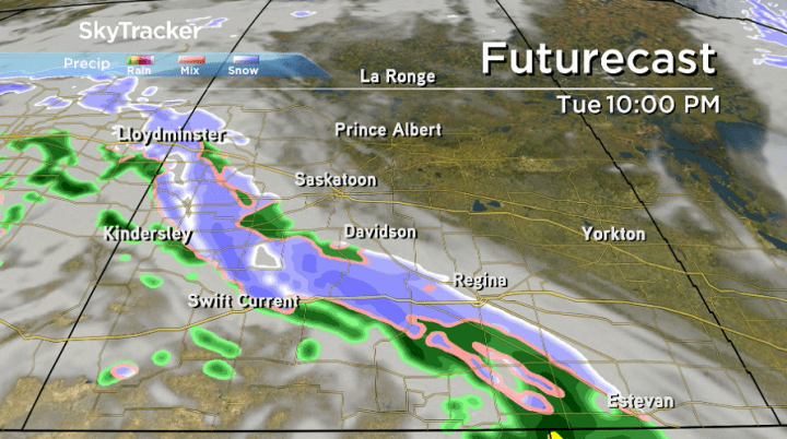 There is a chance of showers and flurries moving into parts of Saskatchewan late Tuesday into early Wednesday.