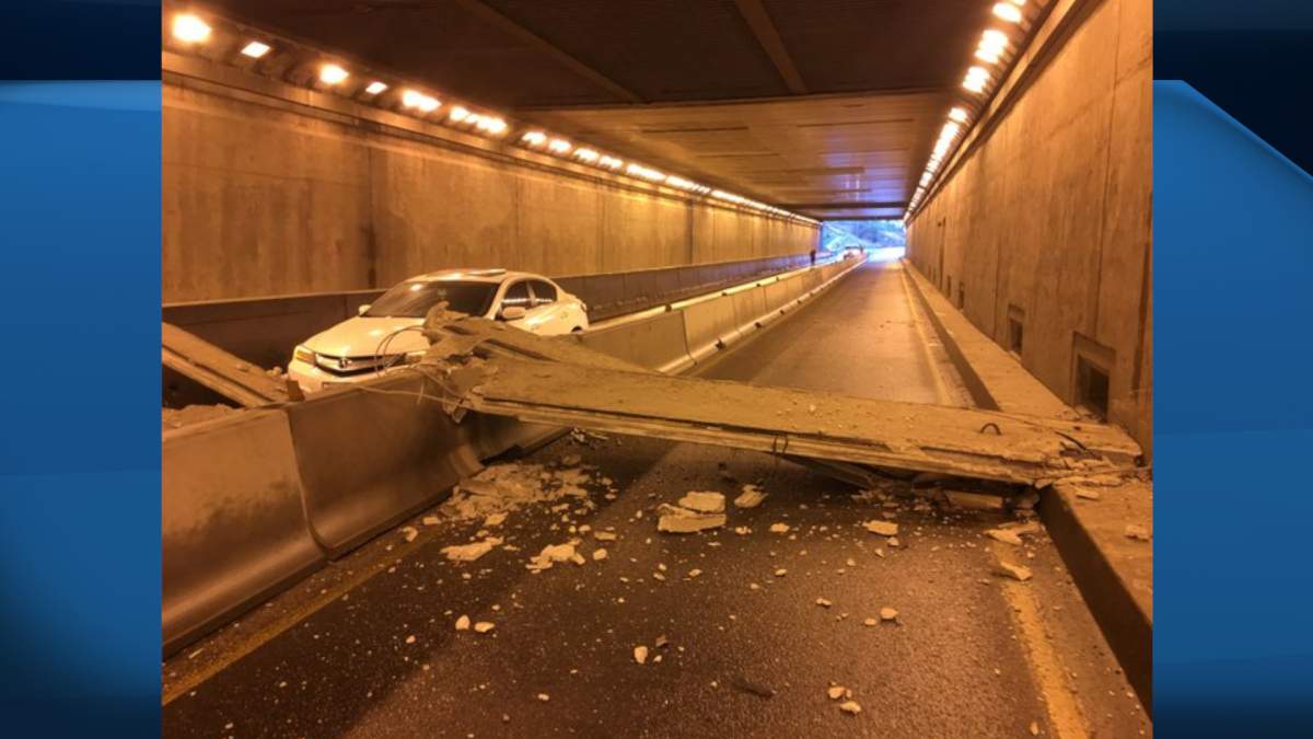 OPP believe a garbage truck smashed into the roof of the Thorold Tunnel, causing debris to crash down on drivers.