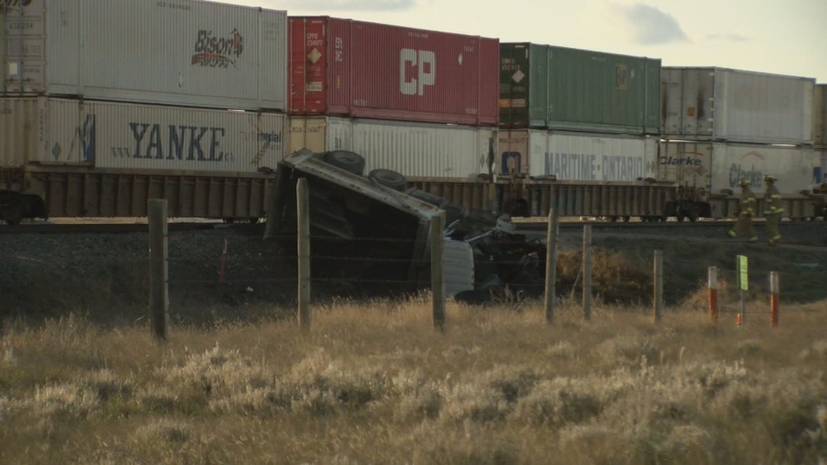 A train collided with a gravel truck near Suffield, Alta., on Sunday, Oct. 20, 2019.