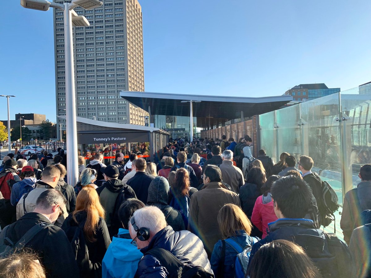 Commuters at LRT stations this morning were backed up out of the station due to a delay on Tuesday morning.