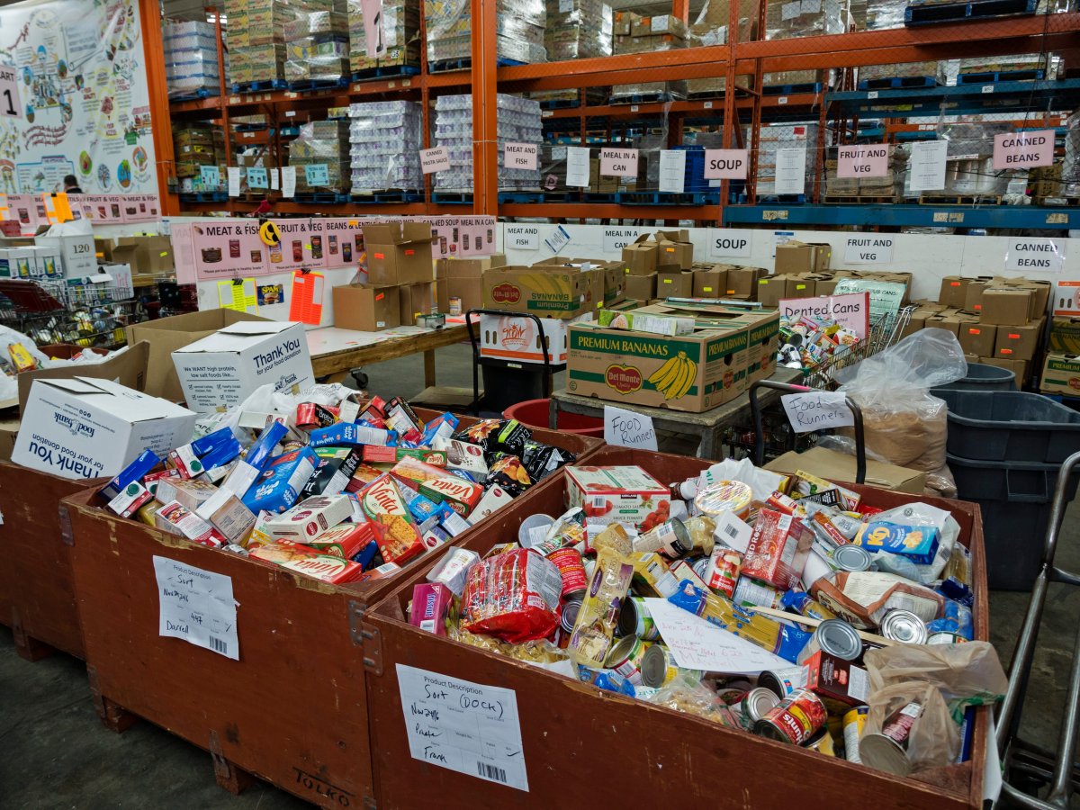 Bins of packaged food waiting to be sorted, Greater Vancouver Food Bank, Vancouver, B.C. on Monday, December 5, 2016. 