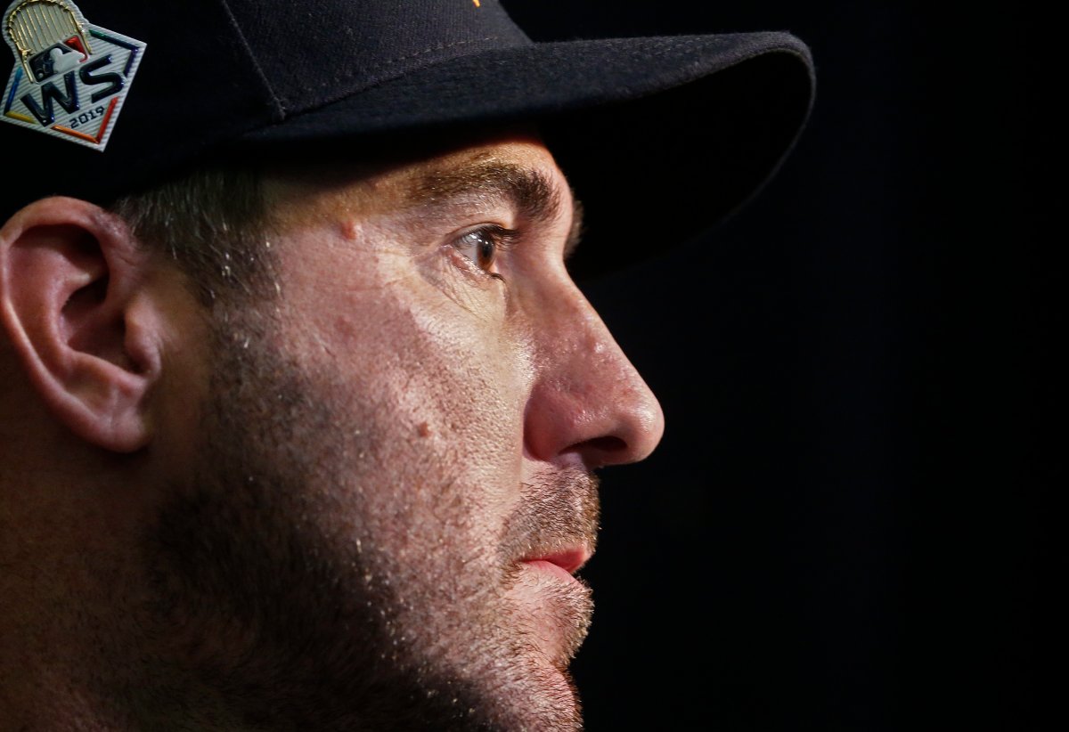 Houston Astros pitcher Justin Verlander speaks to media during the 2019 MLB World Series Media Day at Minute Maid Park in Houston, Texas, on October 21, 2019.