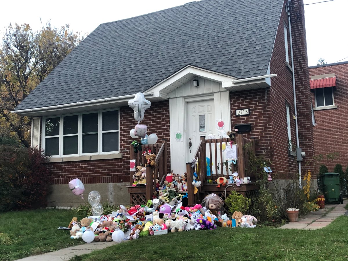 Neighbours leave stuffed animals at the doorsteps of the home on Friday Oct. 25, 2019. 