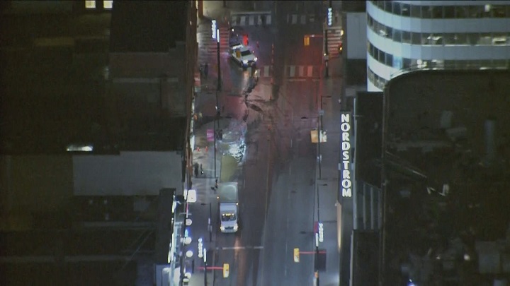 A photo of the water main break near Yonge and Shuter streets.