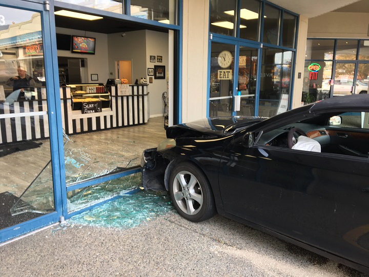This black Toyota Solara sustained front-end damage after jumping a curb and smashing into the front of Murray’s Pizza on Gosset Road in West Kelowna.  