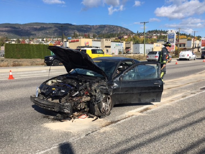A black Chevrolet Cavalier sustained heavy damage following an accident along Highway 97 in West Kelowna on Wednesday.