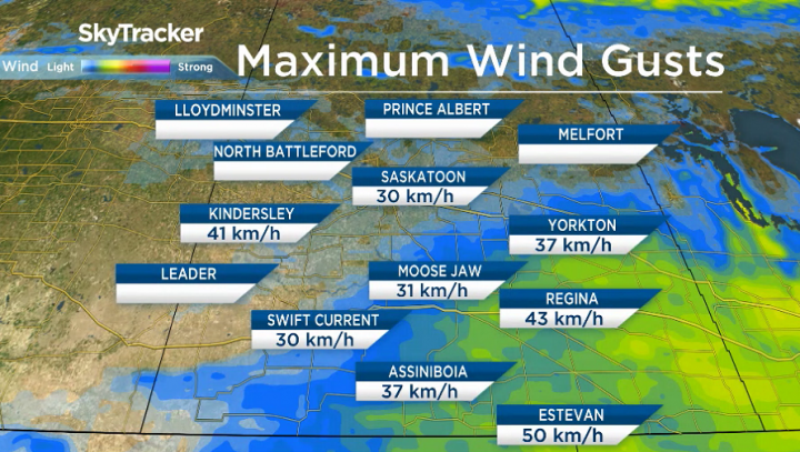 Peak wind gusts across the province on Wednesday.